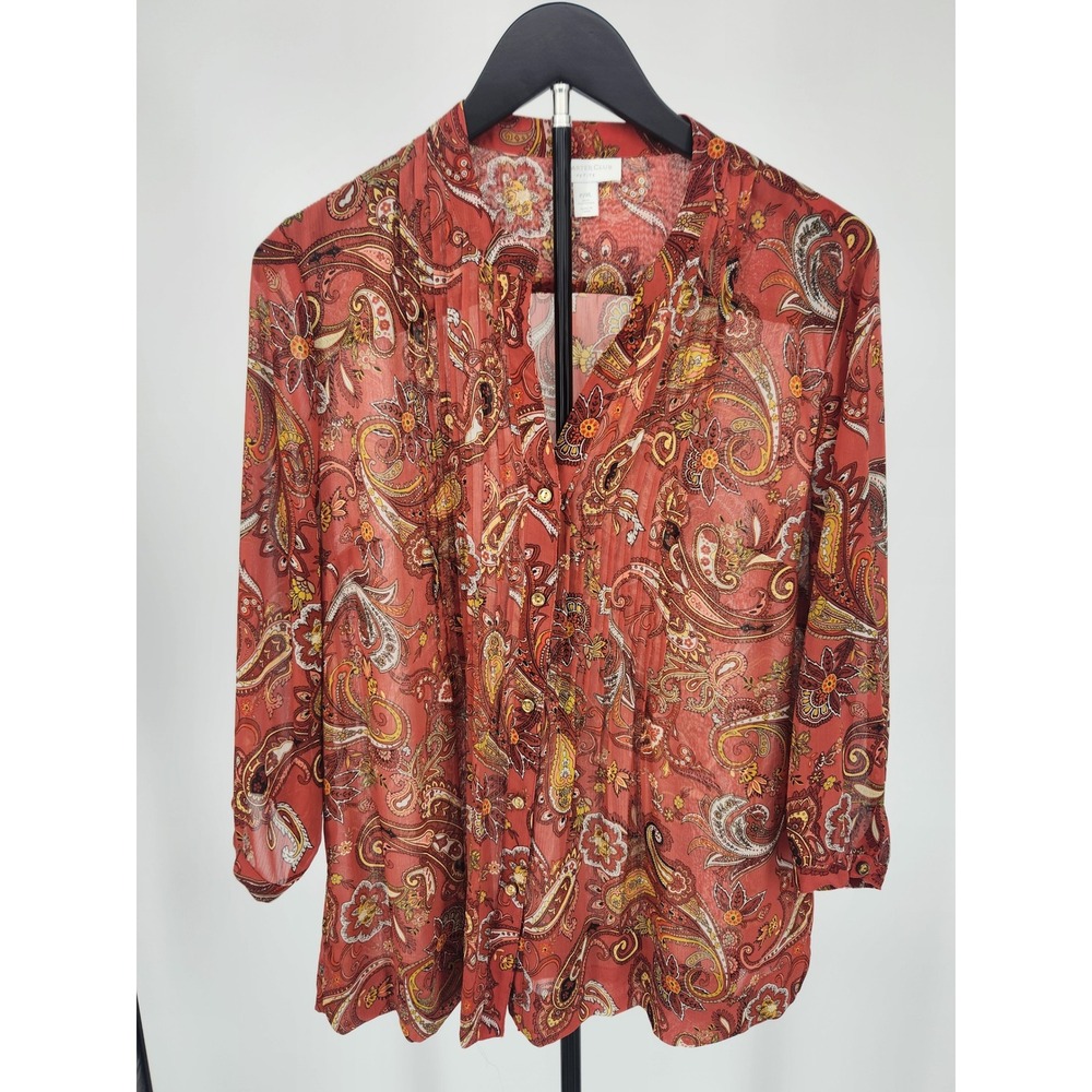 Charter Club Petite XL Blouse Rust Orange Paisley Pintuck‎ 3/4 Sleeve Top P/XL